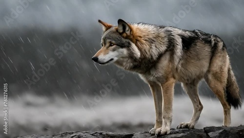 A gray wolf canis lupus in the rain by the lake  photo