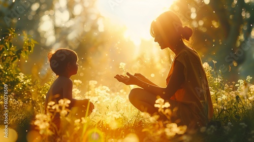 woman child sitting grass beams sunlight gorgeous buttercups open hand particles air storybook layout humanized hcl children nature mother appeasing photo