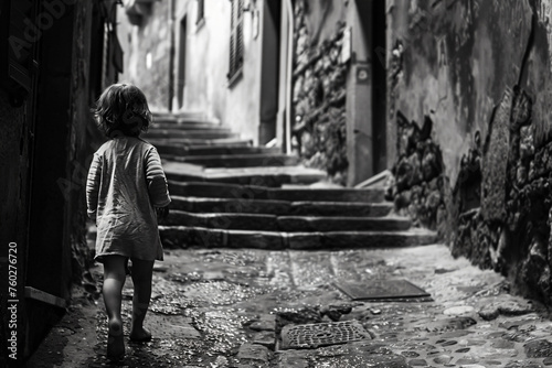 a little girl walking down a narrow alleyway