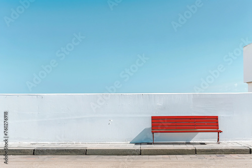 a red bench sitting on the side of a white wall