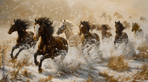horses running snow field tall grass swiping brushwork extremely oil native computer lucky sequence swarm hunted photo
