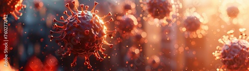 Virus spreading through air, unseen danger, affecting health, disrupting daily life 3D render with silhouette lighting and motion blur for dramatic impact photo