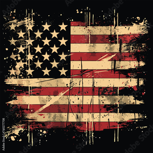 Vector illustration depicting a disheveled American flag background with distinct color segments