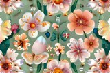 beautiful fresh, easter, spring background with flowers and butterflies, Generative AI