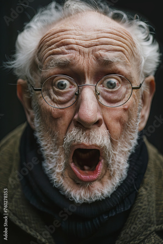 An old man with a terrified look © grey