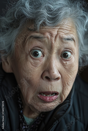 An old woman with a terrified look photo