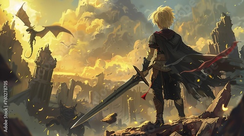 illustration man sword standing cliff dungeon dragons blond boy streaming begin again cracks armor one protagonist foreground mouse guard photo