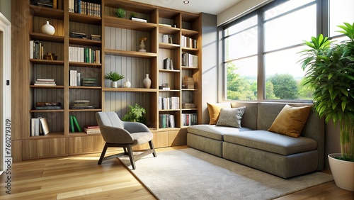 Modern style reading nook with book cases and view of garden outside