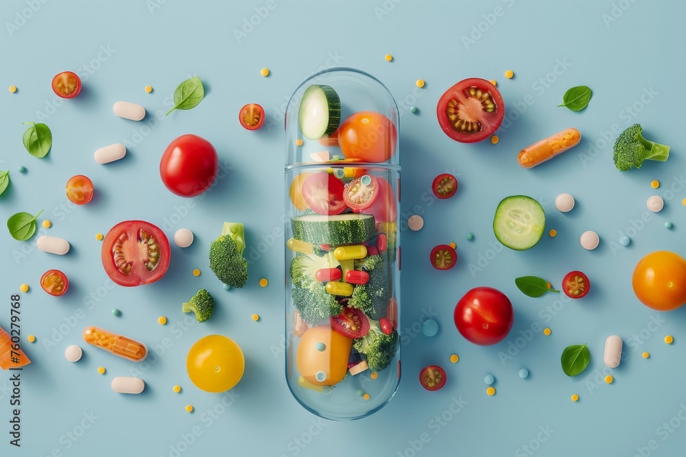 vegetables and fruits in capsule of medicine, vitamins from natural, healthy food, supplement - obrazy, fototapety, plakaty 