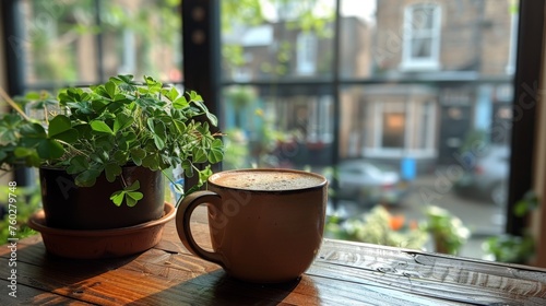 a cafe latte on a wooden table next to a pottet plant