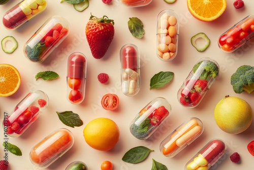 vegetables and fruits in capsule of medicine, vitamins from natural, healthy food, supplement