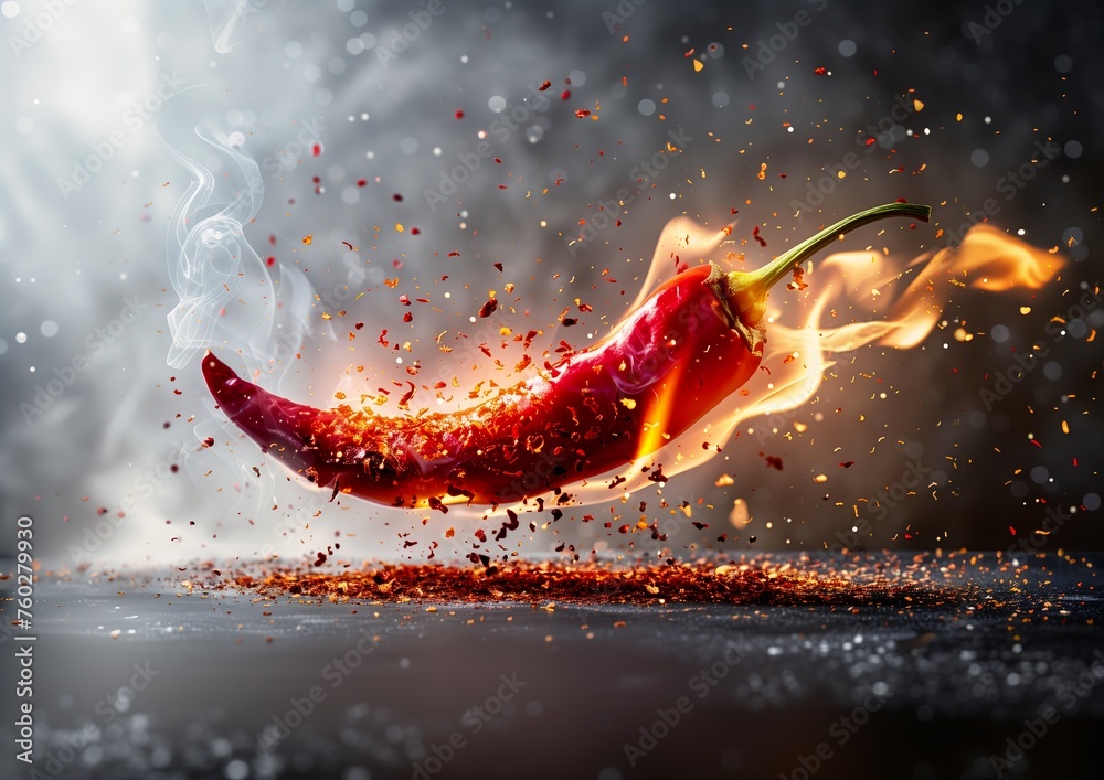 hot chili being sprinkled fire smoke exotic dish table sublime cool food advertisement - obrazy, fototapety, plakaty 