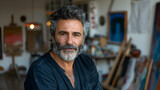 Smiling man in a painter's studio surrounded by art supplies. Photography concept. Generative AI