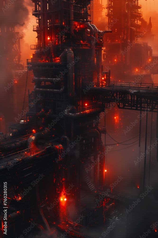 large factory lot smoke fire rustic enormous secure red biomechanical details connections burning hell infernal