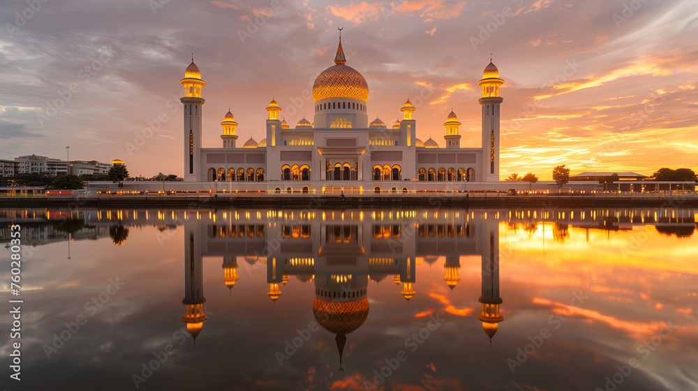 A mosque reflected in water at sunset, vibrant colors in the sky, architecture and religious concept. Generative AI
