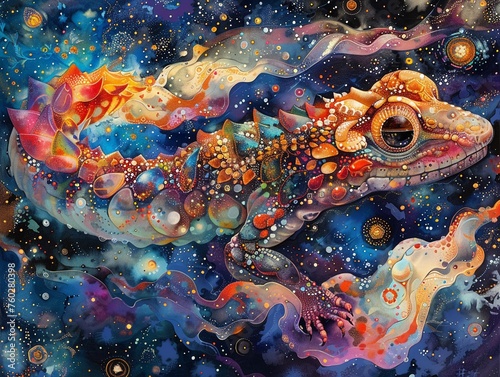 Candy-loving salamanders guard treasures amidst nebulae, their fiery forms reflecting the global phoenix's rebirth.