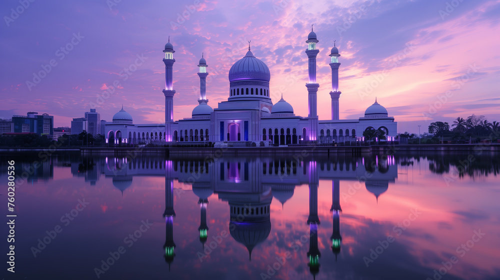 Mosque with multiple minarets by a calm lake reflecting the building at sunset, with a vibrant purple sky. Photography and religious architecture concept. Generative AI