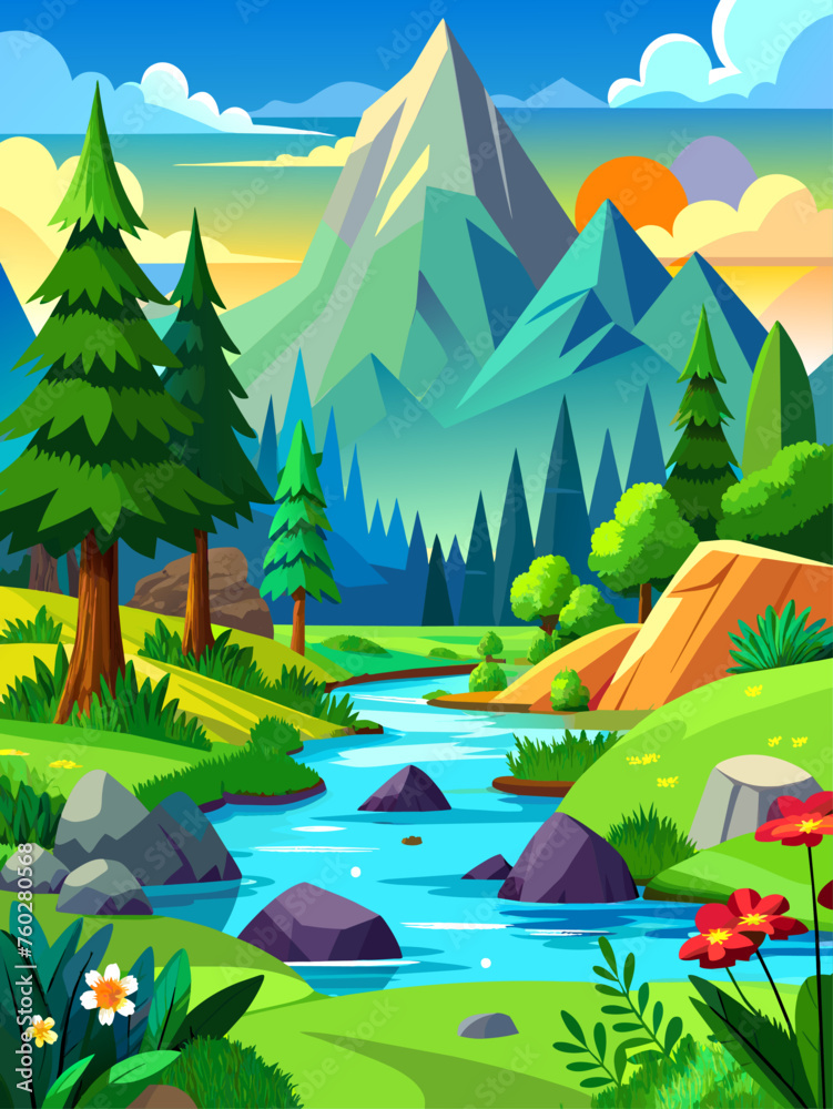 Tranquil nature vector landscape background unfolds a serene expanse of rolling hills and shimmering water under a dreamy sky.