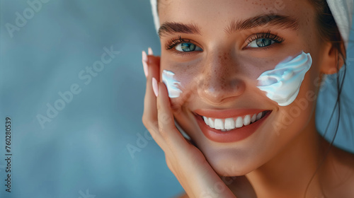 Close-up of a smiling woman applying facial cream, hyperrealistic digital illustration, blue background, skincare and beauty concept. Generative AI photo