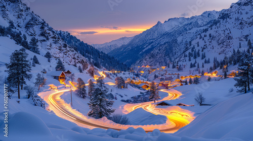Nighttime view of a serpentine road winding through a snowy mountain village with lit houses and a vibrant sunset sky. Photography and nature concept. Generative AI