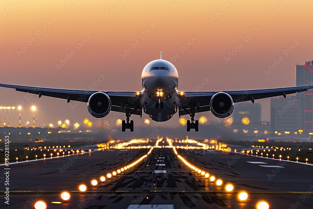 Passenger plane takes off from runway in airport Passenger plane takes off from runway in airport