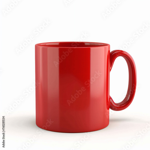a red coffee mug with a handle on a white surface