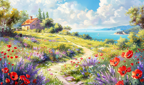 Idyllic landscape with country side and flowers, Oil paintig banner photo