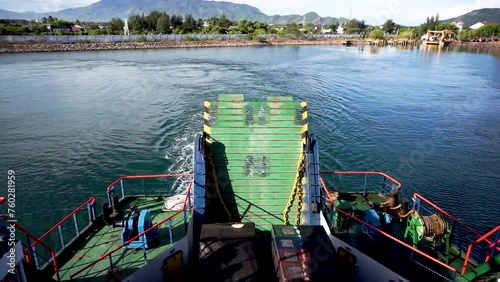 Back view of ferry boat after leaving Ulee Lheu harbor in Banda Aceh. KMP BRR headed to sabang island from Banda Aceh. photo