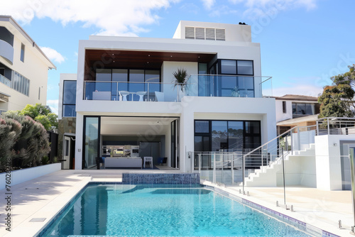 modern two-story house with a swimming pool in the backyard  beige walls and glass window