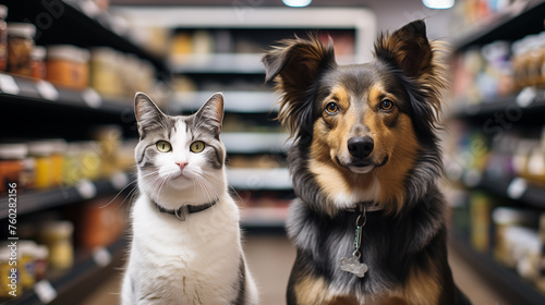 Pet shop, cat and dog in store, animal accessories, happy dog in pet supermarket photo