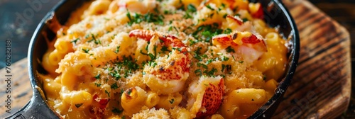 Delicious lobster mac and cheese dish - High-angle view of creamy lobster mac and cheese in a skillet, garnished with fresh parsley and spices photo