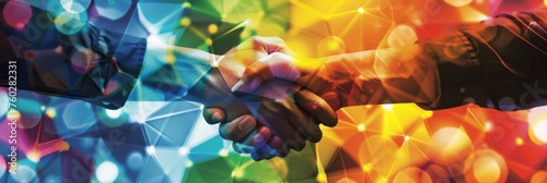 Handshake with colorful geometric background - A digital image depicting a strong handshake between two people set against a vibrant geometric pattern
