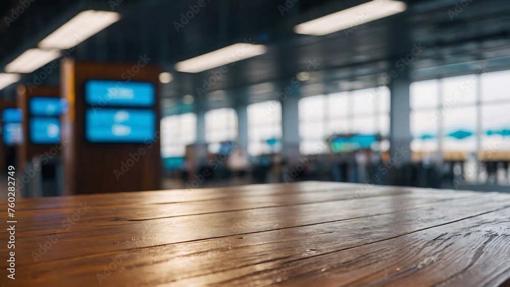 Empty wooden table with beautiful airport background, photorealistic	 - obrazy, fototapety, plakaty 