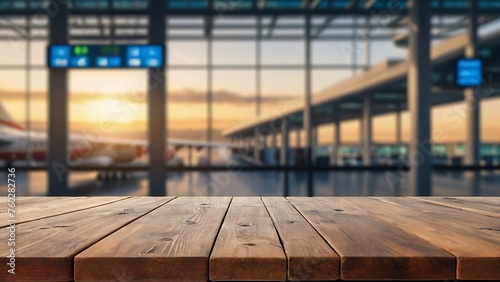 Empty wooden table with beautiful airport background, photorealistic 