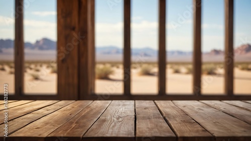 Empty wooden table with beautiful desert background  photorealistic 