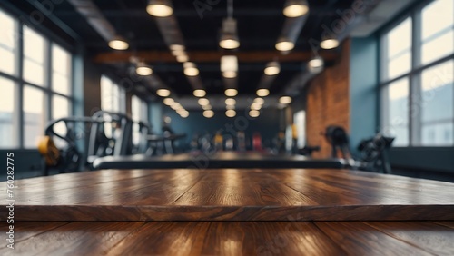 Empty wooden table with beautiful fitness background, photorealistic