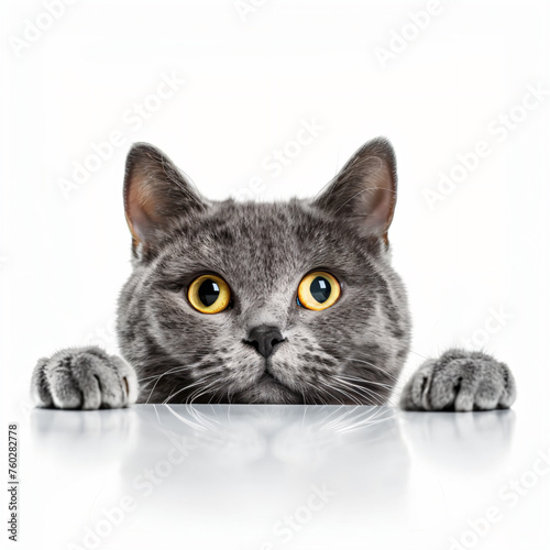 a cat with yellow eyes looking over a table