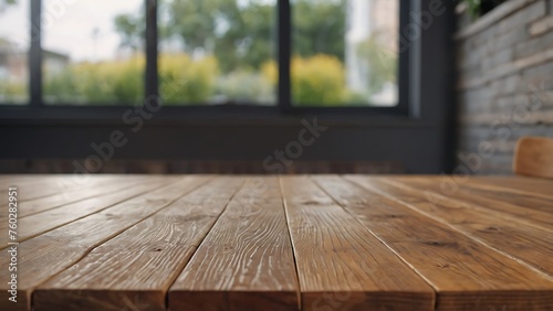 Empty wooden table with beautiful room background, photorealistic 