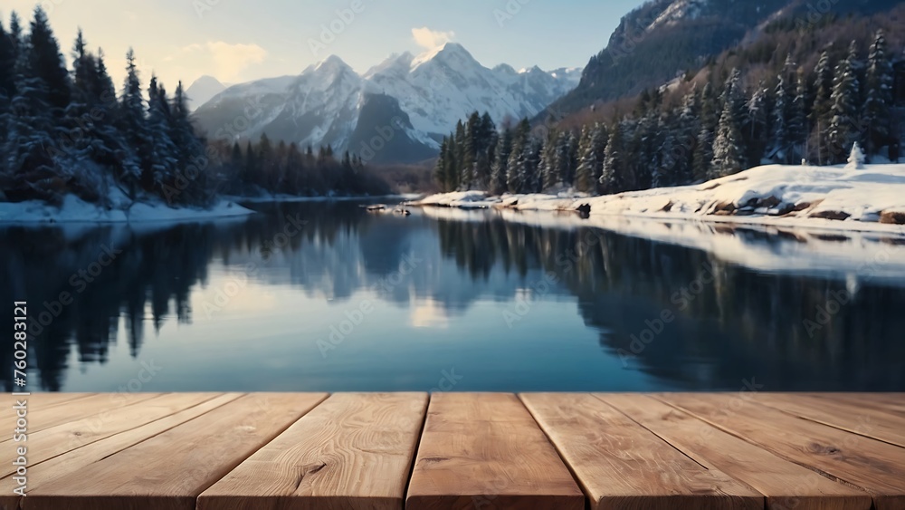 Empty wooden table with beautiful snow mountain winter season background, photorealistic	