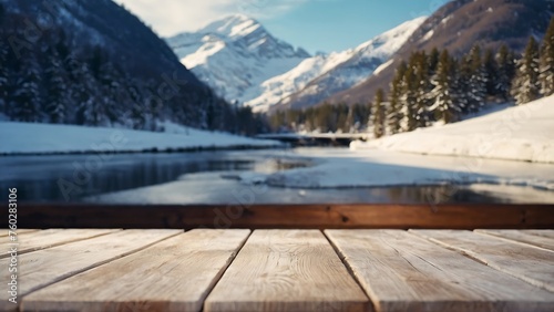 Empty wooden table with beautiful snow mountain winter season background, photorealistic 