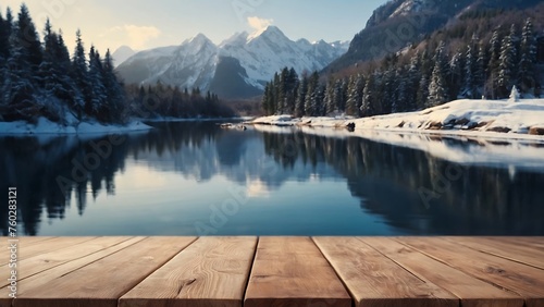Empty wooden table with beautiful snow mountain winter season background, photorealistic © VFX1988