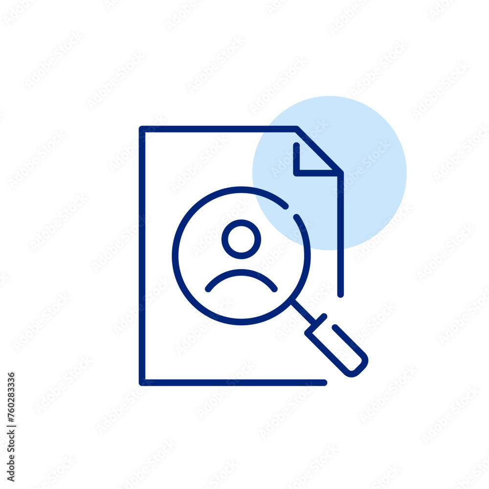 Magnifying glass on resume. Recruitment process, evaluating candidates qualifications. Pixel perfect, editable icon Magnifying glass on resume. Recruitment process, evaluating candidates qualifications. Pixel perfect, editable icon