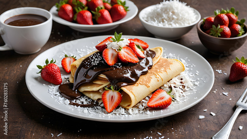 Plate of pancakes topped with fresh berries, strawberries, and chocolate, surrounded by lettuce and tomatoes, creating a delicious and healthy meal