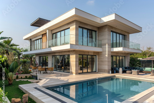 modern two-story house with a swimming pool in the backyard, beige walls and glass window © Kien