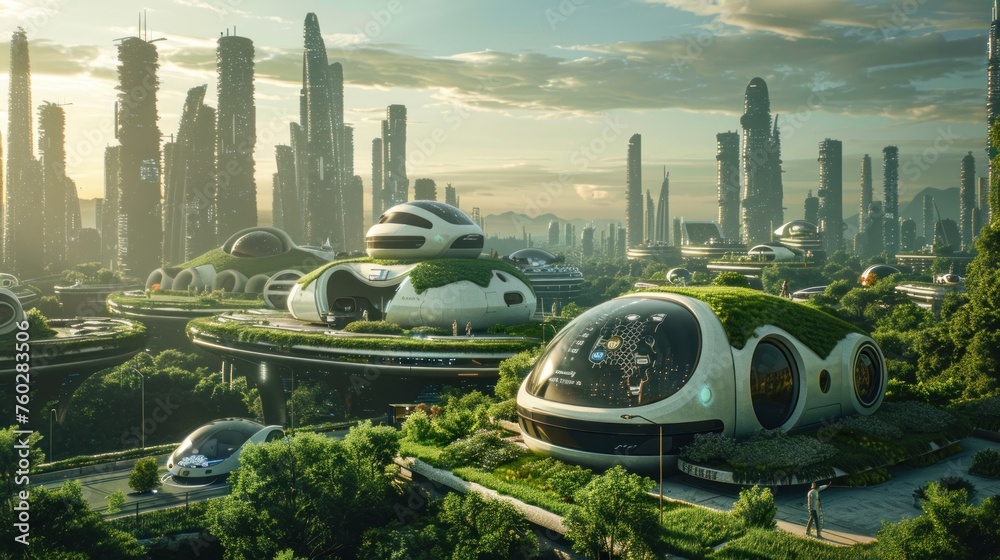 Digital art of a sustainable, futuristic city with green architecture and advanced transportation systems amidst high-rises. - obrazy, fototapety, plakaty 