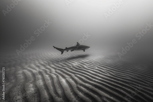 a shark swimming in the ocean on a foggy day