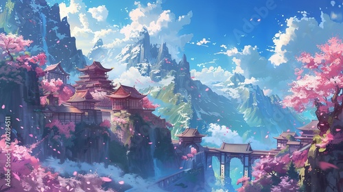 Fantasy Landscape with Abandon Ruined Village and temple Illustration