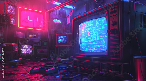 Retro TV Cyberpunk Style with Vivid Neon Colors, Futuristic Television Set in Cyber Cityscape, 80s Retro Futurism Illustration, Techno Sci-Fi Concept, Generative AI