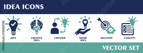 Idea icons. Containing idea, creative idea, creator, share idea, solution, concept. Flat design vector set