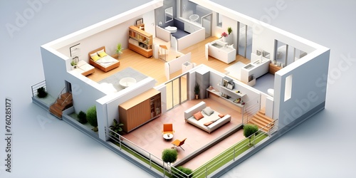 3D floor plan of an open concept living apartment layout home